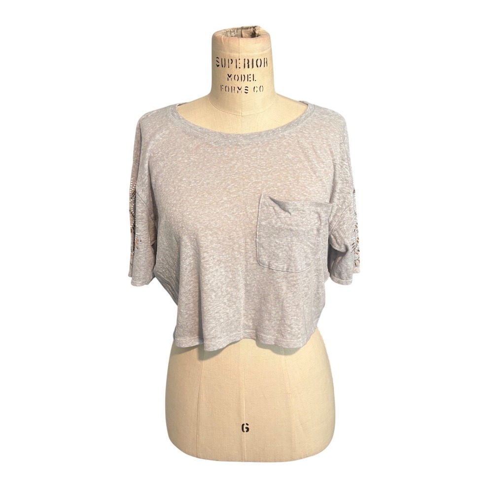 Hollister Gray Y2K‎ Vintage Look Crop Top Embellished Tribal Sleeve Women Small